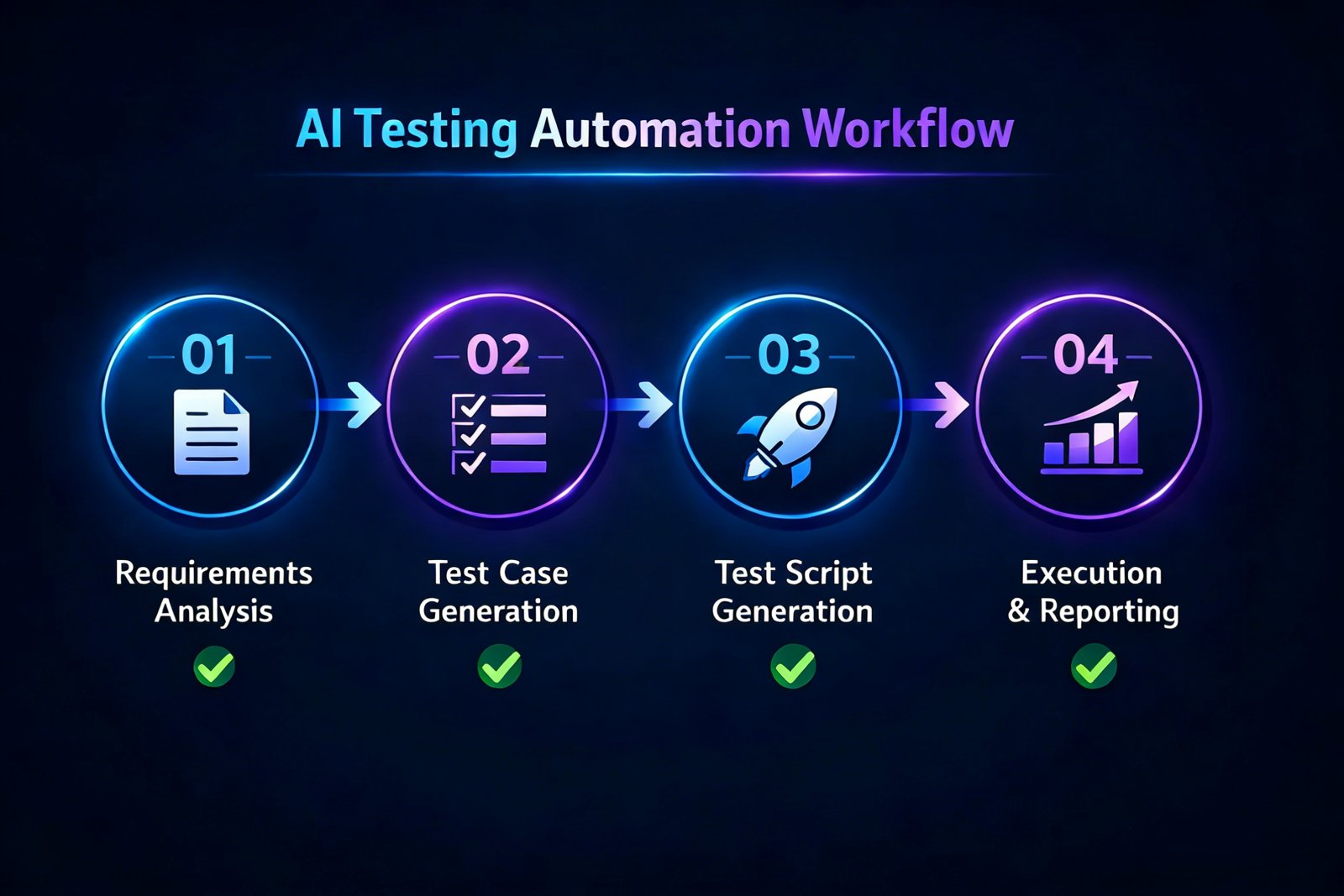 Dragon Testing four-step workflow: requirements analysis, test case generation, script generation, execution and reporting